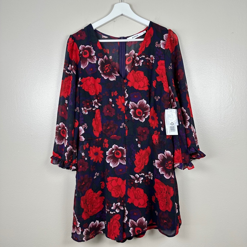 JustFab Womens L Romper Multicolor Floral Long Sleeve Ruffle Cuff V-Neck Zip NEW